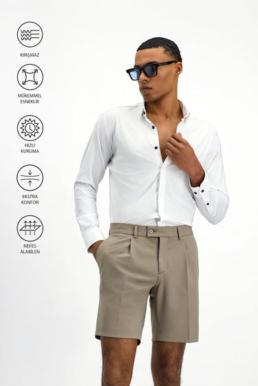 Beyaz Techno-Line Uzun Kol Slim Fit Dar Kesim Likralı Gömlek
