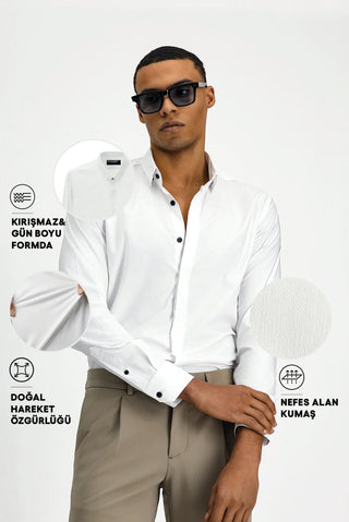 Beyaz Techno-Line Uzun Kol Slim Fit Dar Kesim Likralı Gömlek