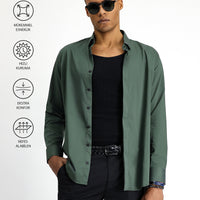 Orta Haki Techno-Line Uzun Kol Slim Fit Dar Kesim Likralı Gömlek