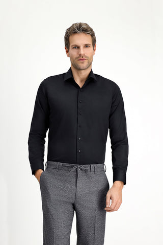 Siyah Uzun Kol Slim Fit Dar Kesim Klasik Nano Care Su İtici Leke Tutmaz 4 Mevsim Pamuk Gömlek