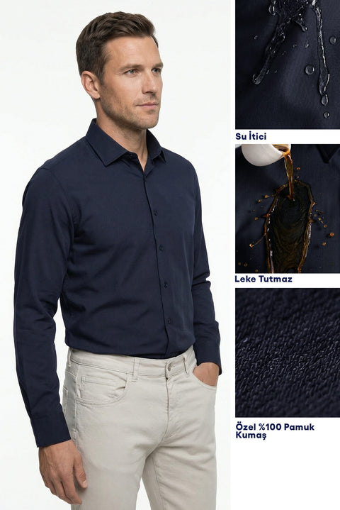Dark Navy Long Sleeve Slim Fit Classic Nano Care Water Repellent Stain Resistant 4 Seasons Cotton Shirt