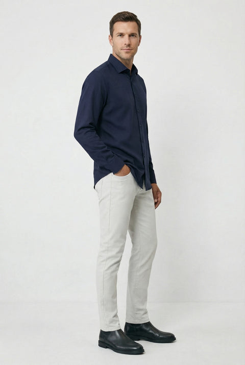 Dark Navy Long Sleeve Slim Fit Classic Nano Care Water Repellent Stain Resistant 4 Seasons Cotton Shirt