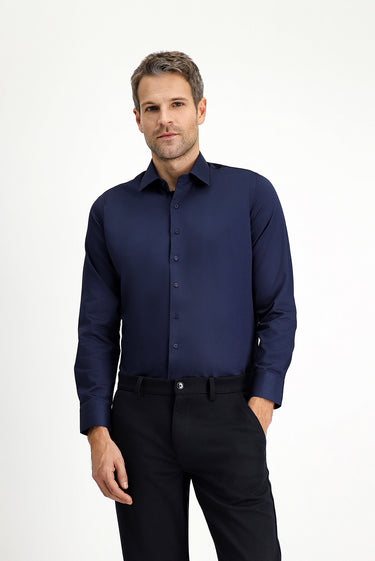Koyu Lacivert Uzun Kol Slim Fit Dar Kesim Klasik Pamuk Gömlek
