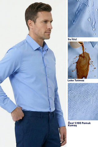 Koyu Mavi Uzun Kol Slim Fit Dar Kesim Klasik Nano Care Su İtici Leke Tutmaz 4 Mevsim Pamuk Gömlek