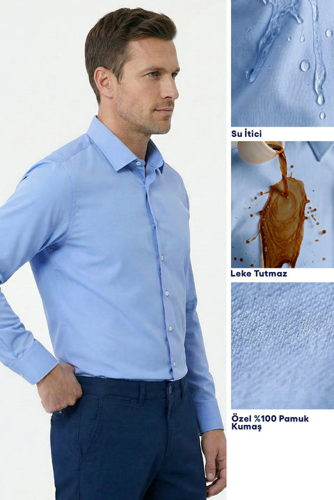 Koyu Mavi Uzun Kol Slim Fit Dar Kesim Klasik Nano Care Su İtici Leke Tutmaz 4 Mevsim Pamuk Gömlek