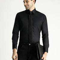 Siyah Uzun Kol Slim Fit Dar Kesim Pamuklu Non Iron Ütü Gerektirmeyen Saten Klasik Gömlek