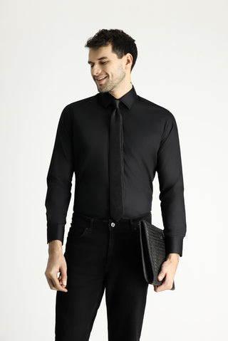 Siyah Uzun Kol Slim Fit Dar Kesim Pamuklu Non Iron Ütü Gerektirmeyen Saten Klasik Gömlek