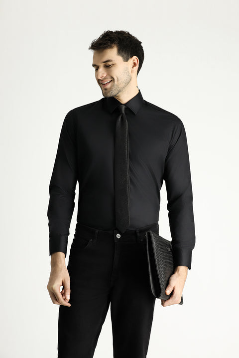 Siyah Uzun Kol Slim Fit Dar Kesim Pamuklu Non Iron Ütü Gerektirmeyen Saten Klasik Gömlek