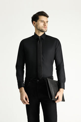 Siyah Uzun Kol Slim Fit Dar Kesim Pamuklu Non Iron Ütü Gerektirmeyen Saten Klasik Gömlek