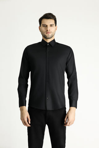 Siyah Uzun Kol Slim Fit Dar Kesim Pamuklu Non Iron Ütü Gerektirmeyen Saten Klasik Gömlek
