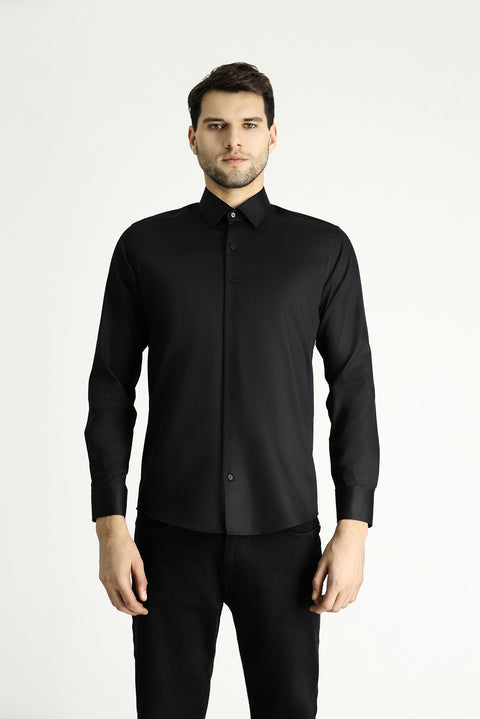 Siyah Uzun Kol Slim Fit Dar Kesim Pamuklu Non Iron Ütü Gerektirmeyen Saten Klasik Gömlek