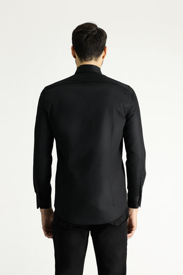 Siyah Uzun Kol Slim Fit Dar Kesim Pamuklu Non Iron Saten Klasik Gömlek