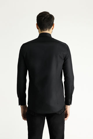 Siyah Uzun Kol Slim Fit Dar Kesim Pamuklu Non Iron Ütü Gerektirmeyen Saten Klasik Gömlek