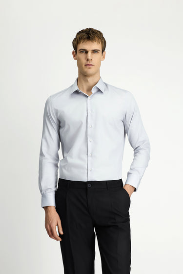 Orta Gri Uzun Kol Slim Fit Dar Kesim Pamuklu Non Iron Saten Klasik Gömlek
