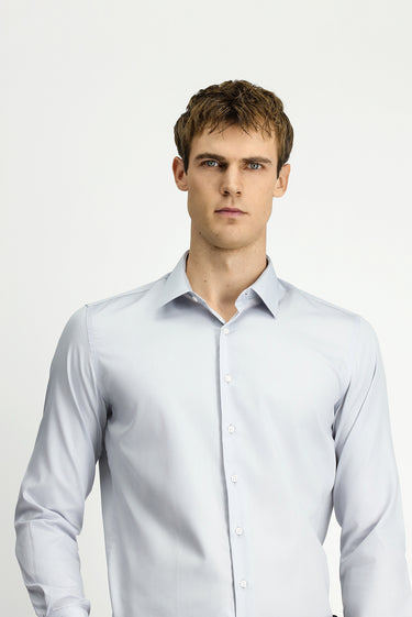 Orta Gri Uzun Kol Slim Fit Dar Kesim Pamuklu Non Iron Saten Klasik Gömlek