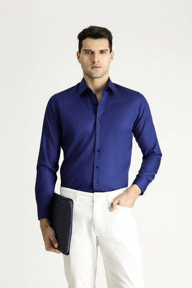 Orta Lacivert Uzun Kol Slim Fit Dar Kesim Pamuklu Non Iron Saten Klasik Gömlek