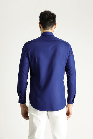 Orta Lacivert Uzun Kol Slim Fit Dar Kesim Pamuklu Non Iron Ütü Gerektirmeyen Saten Klasik Gömlek