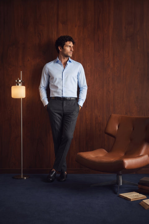 Light Blue Long Sleeve Slim Fit Narrow Cut Cotton Non-Iron Satin Classic Shirt