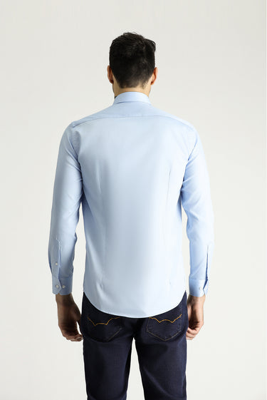Uçuk Mavi Uzun Kol Slim Fit Dar Kesim Pamuklu Non Iron Saten Klasik Gömlek