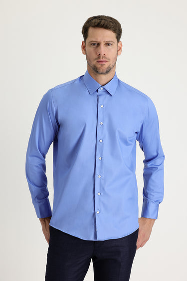 Aqua Mavisi Uzun Kol Slim Fit Dar Kesim Pamuklu Non Iron Saten Klasik Gömlek