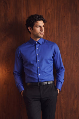 Saks Mavi Uzun Kol Slim Fit Dar Kesim Pamuklu Non Iron Ütü Gerektirmeyen Saten Klasik Gömlek