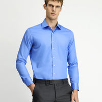 Koyu Mavi Uzun Kol Slim Fit Dar Kesim Pamuklu Non Iron Saten Klasik Gömlek