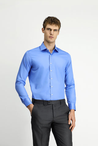 Koyu Mavi Uzun Kol Slim Fit Dar Kesim Pamuklu Non Iron Ütü Gerektirmeyen Saten Klasik Gömlek