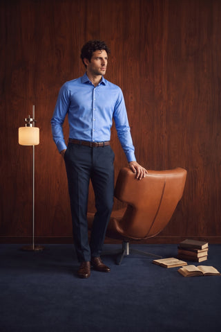 Koyu Mavi Uzun Kol Slim Fit Dar Kesim Pamuklu Non Iron Ütü Gerektirmeyen Saten Klasik Gömlek