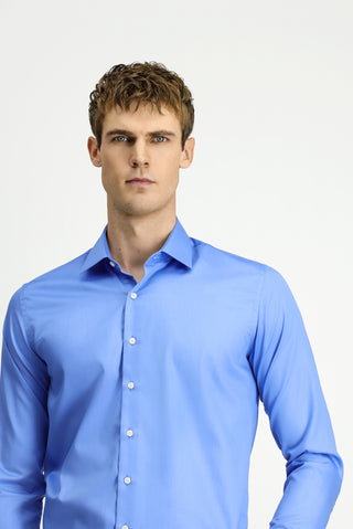 Koyu Mavi Uzun Kol Slim Fit Dar Kesim Pamuklu Non Iron Ütü Gerektirmeyen Saten Klasik Gömlek