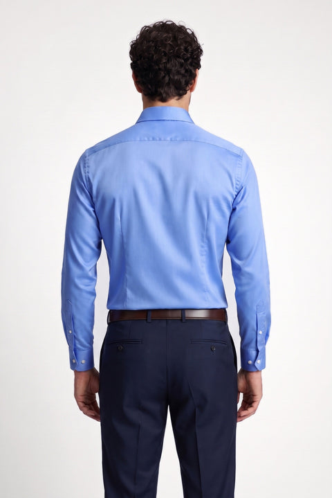 Koyu Mavi Uzun Kol Slim Fit Dar Kesim Pamuklu Non Iron Ütü Gerektirmeyen Saten Klasik Gömlek