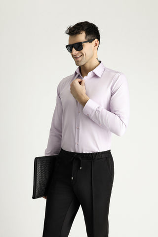 Lila Uzun Kol Slim Fit Dar Kesim Pamuklu Non Iron Ütü Gerektirmeyen Saten Klasik Gömlek