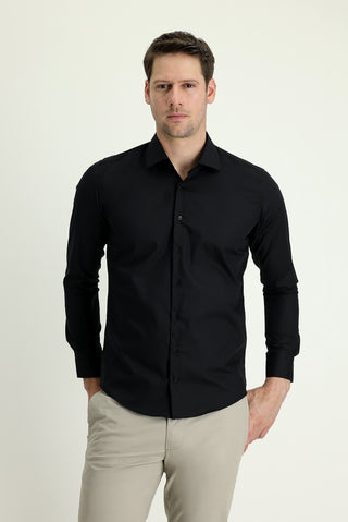 Siyah Uzun Kol Slim Fit Dar Kesim Non Iron Klasik Pamuklu Gömlek