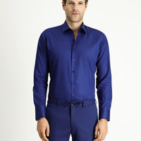 Orta Lacivert Uzun Kol Slim Fit Dar Kesim Klasik Non Iron Saten Pamuklu Gömlek