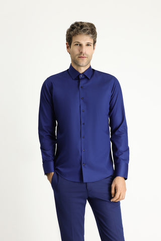 Orta Lacivert Uzun Kol Slim Fit Dar Kesim Klasik Non Iron Saten Pamuklu Gömlek