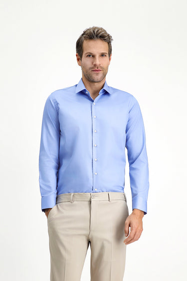 Açık Mavi Uzun Kol Slim Fit Dar Kesim Klasik Non Iron Saten Pamuklu Gömlek