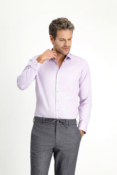 Lila Uzun Kol Slim Fit Dar Kesim Klasik Non Iron Saten Pamuklu Gömlek