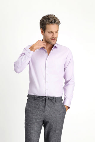Lila Uzun Kol Slim Fit Dar Kesim Klasik Non Iron Saten Pamuklu Gömlek