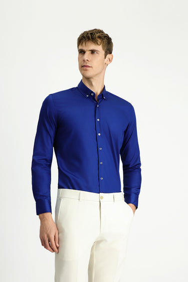 Orta Lacivert Uzun Kol Slim Fit Dar Kesim Non Iron Ütü Gerektirmeyen Pamuklu Düğmeli Yaka Gömlek