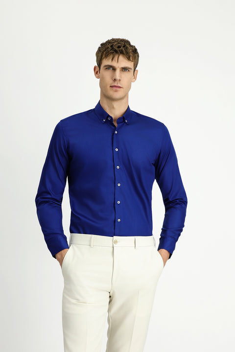 Orta Lacivert Uzun Kol Slim Fit Dar Kesim Non Iron Ütü Gerektirmeyen Pamuklu Düğmeli Yaka Gömlek