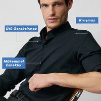 Siyah Uzun Kol Slim Fit Düğmeli Yaka Pamuklu Non Iron Ütü Gerektirmeyen Gömlek