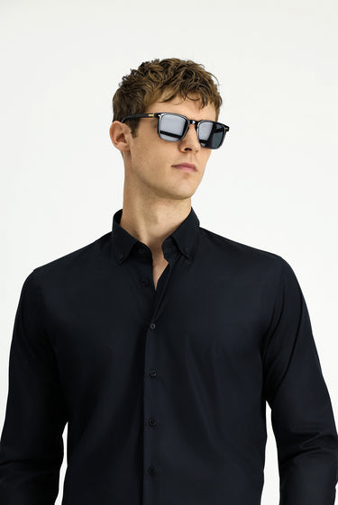 Siyah Uzun Kol Slim Fit Dar Kesim Non Iron Ütü Gerektirmeyen Pamuklu Düğmeli Yaka Gömlek