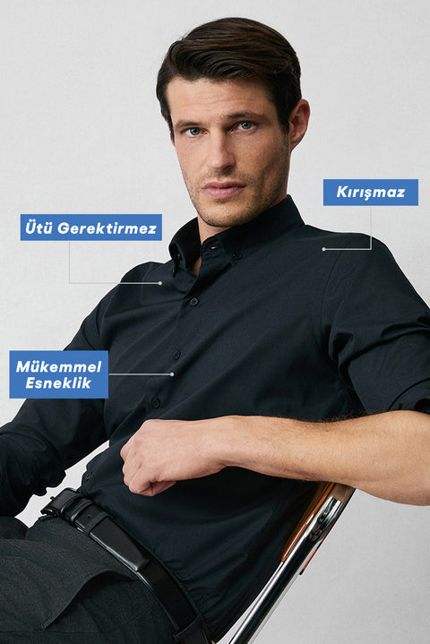 Siyah Uzun Kol Slim Fit Düğmeli Yaka Pamuklu Non Iron Ütü Gerektirmeyen Gömlek
