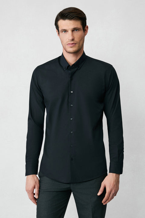 Siyah Uzun Kol Slim Fit Düğmeli Yaka Pamuklu Non Iron Ütü Gerektirmeyen Gömlek