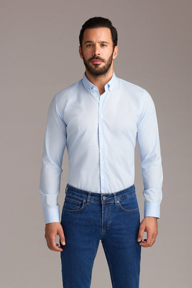 Uçuk Mavi Uzun Kol Slim Fit Dar Kesim Non Iron Ütü Gerektirmeyen Pamuklu Düğmeli Yaka Gömlek