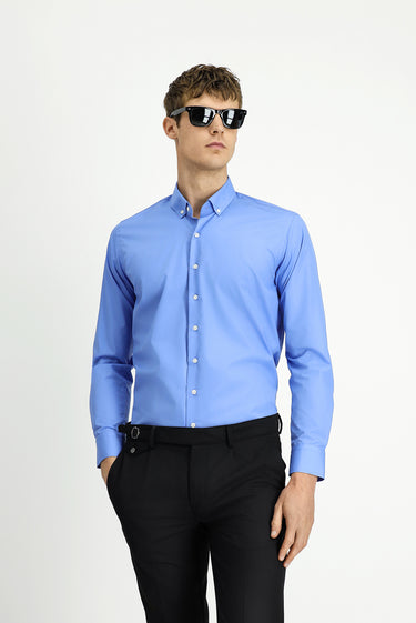 Aqua Mavisi Uzun Kol Slim Fit Dar Kesim Non Iron Ütü Gerektirmeyen Pamuklu Düğmeli Yaka Gömlek