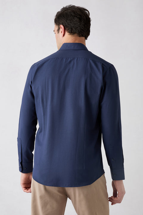 Dark Navy Long Sleeve Slim Fit Button-Down Collar Cotton Easy Iron 4-Season Oxford Shirt