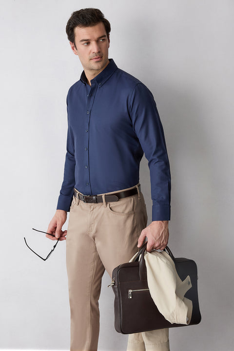 Dark Navy Long Sleeve Slim Fit Button-Down Collar Cotton Easy Iron 4-Season Oxford Shirt