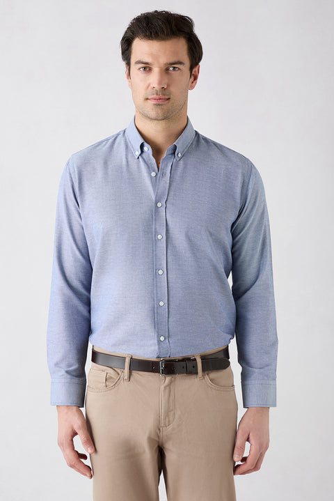 Dark Blue Long Sleeve Slim Fit Button-Down Collar Cotton Easy Iron 4 Season Oxford Shirt