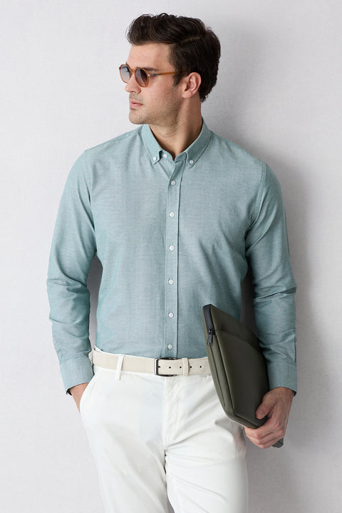 Mint Green Long Sleeve Slim Fit Button-Down Collar Cotton Easy Iron 4-Season Oxford Shirt