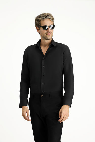 Siyah Uzun Kol Slim Fit Klasik Yaka Pamuklu Kolay Ütülenebilir 4 Mevsim Oxford Gömlek